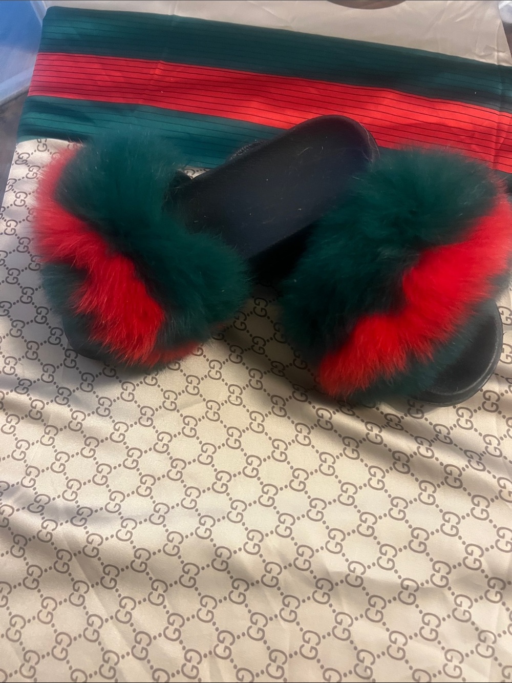 Designer-Inspired Green & Red Fur Slide Sandals